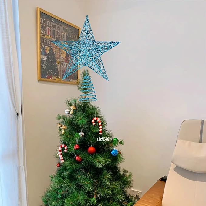 BinaryABC Christmas Tree Topper Star,Glittering Christmas Tree Decoration Ornaments,20cm (Blue)