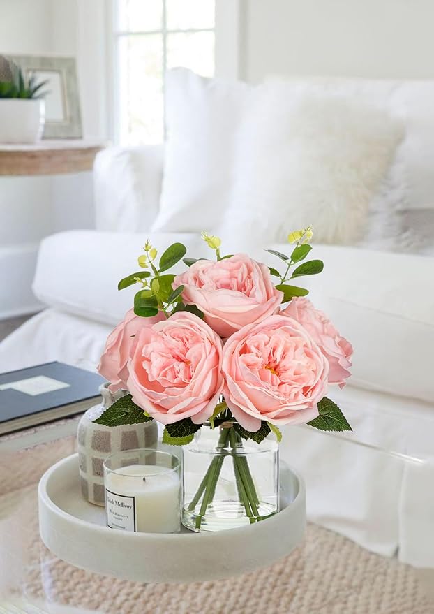 Hollyone Real Touch Peonies Artificial Flowers Arrangements in Vase Pink Fake Peonies with Glass Vase Silk David Austin Roses Faux Flowers with Faux Water Bouquet Table Floral Centerpiece Home Decor