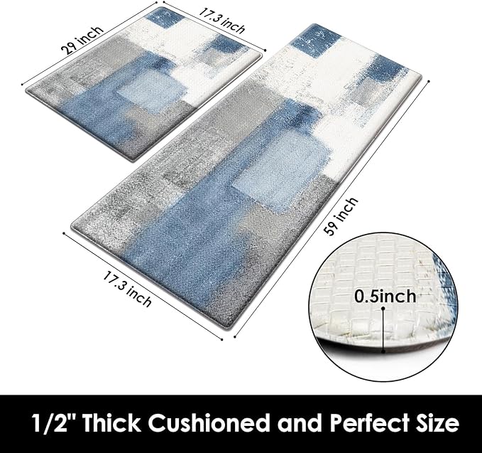 Arttown Blue Anti-Fatigue Kitchen Rug Set of 2 Navy Blue Grey Abstract Cushioned Floor Mat, Standing Waterproof Non-Slip Kitchen Mat and PVC Ergonomic Comfort Foam Rug