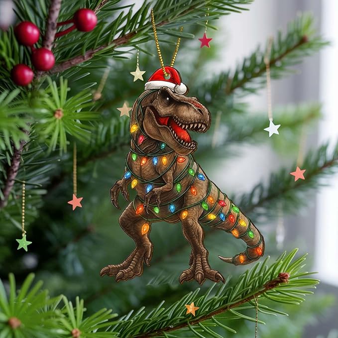 2 Side Printed Flat Christmas Wooden Ornaments, Animal Keepsake Hanging Tree Decoration, Santa Dinosaur Ornament