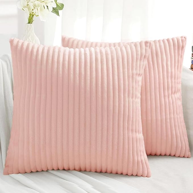 Simmore Decorative Fall Throw Pillow Covers 16x16 Set of 2, Soft Plush Flannel Double-Sided Fluffy Couch Pillow Covers for Sofa Living Room, Pink