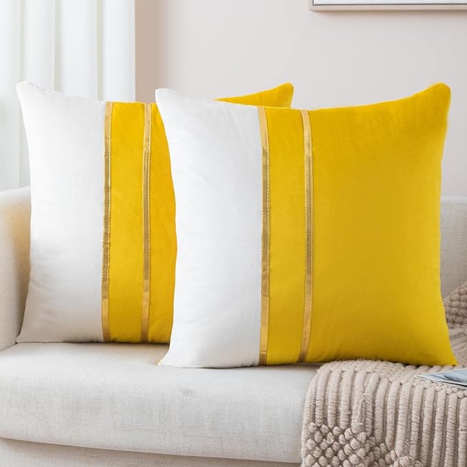 ZLINA Set of 2 Velvet Decorative Throw Pillow Covers Yellow White Patchwork with Gold Leather Pillow Covers 24 × 24 Inch Cushion Covers Decor Living Room Sofa Bedroom Car