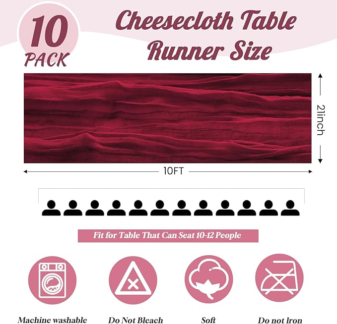10 Pack Burgundy Cheesecloth Table Runner,10FT/120 Inch Boho Gauze Fabric Table Runner,Rustic Sheer Burgundy Cheese Cloth Runner Bulk for Wedding,Bridal Baby Shower,Birthday Party,Holiday Table Decor