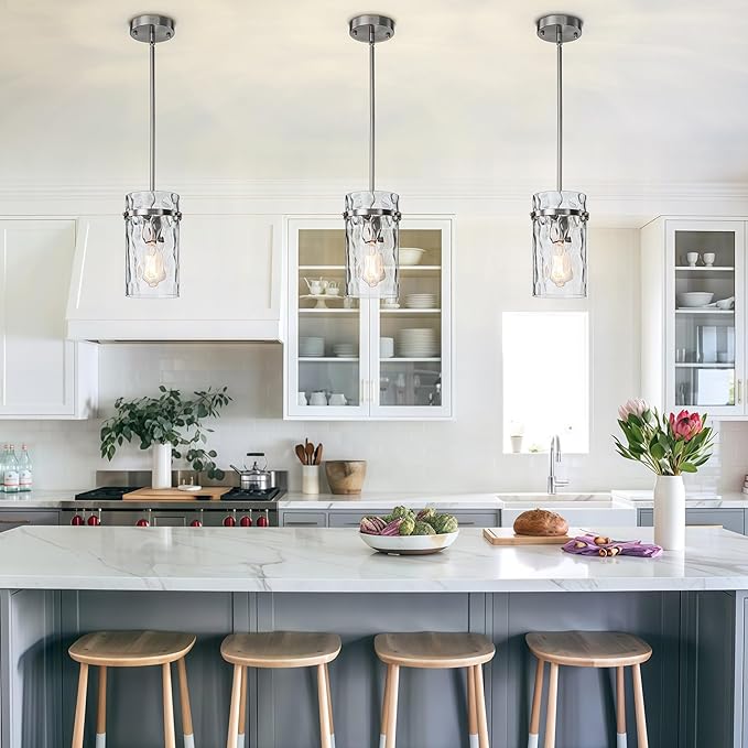 Brush Nickel Hammered Hand Blown Glass Pendant Light Fixtures, Pendant Lights Kitchen Island Modern Kitchen Island Light Dining Room Light Farmhouse Island Lights Sink 2 Pack