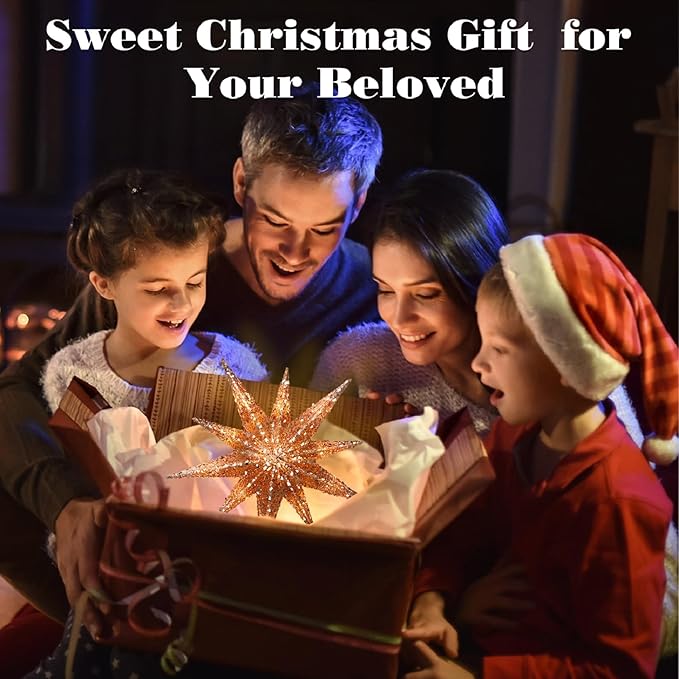 Lewondr Christmas Tree Topper Star, 13inch 10-Point Light Up Xmas Star Treetop with Plug and Remote Control for Home Christmas Decoration, 6H Timer & 8 Lighting Modes, Warm Light, Rose Gold