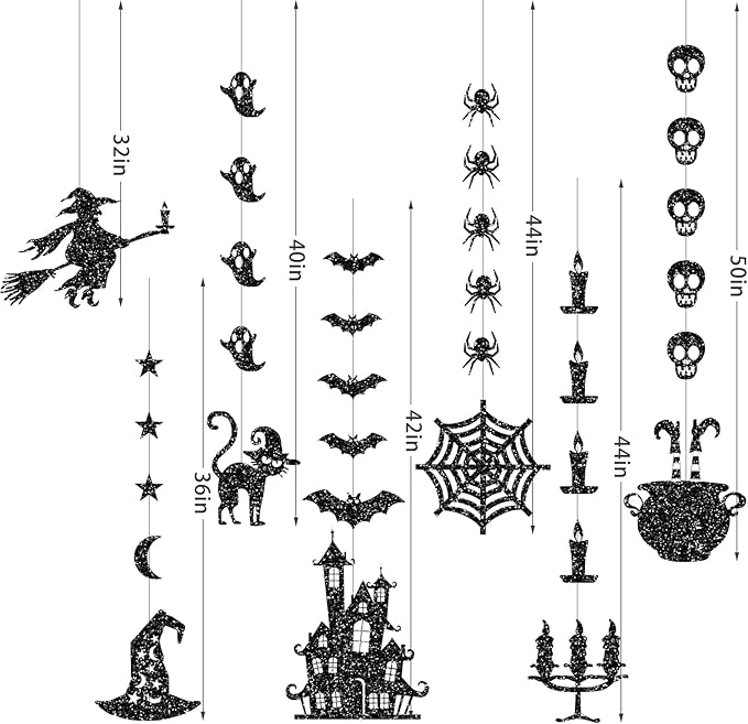 Glitter Black Halloween Hanging Banner Garland Decorations - Ghosts, Witches, Bats, Spiders, Haunted House, Cat and More - Indoor/Outdoor Party Supplies for Gothic Birthday, Home, Office, Classroom