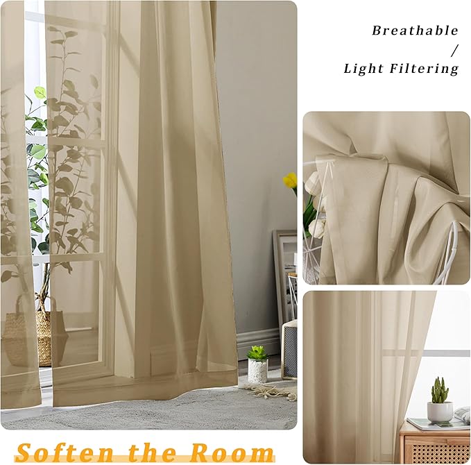Gwine Taupe Sheer Curtains for Living Room 45 inches Long, Short Voile Light Filtering Window Treatments Sheer Curtains for Bedroom, Half Window Drapes with Rod Pocket, Each 42" Wx45 L