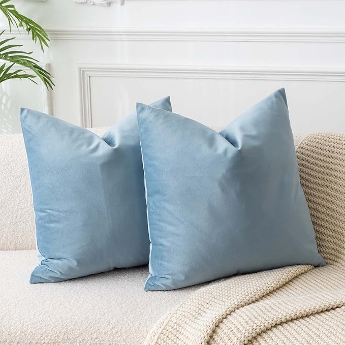 JUSPURBET Light Blue Throw Pillow Covers 20x20 inch Set of 2 Decorative Velvet Pillow Covers for Couch Sofa Bed Soft Cushion Covers Cases with Invisible Zipper for Living Room Home Decor