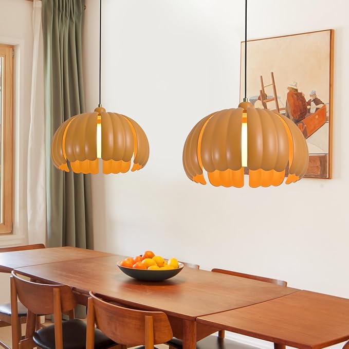 Mid Century Modern Pendant Light Fixture, 14.5 inch Pumpkin Orange Ceiling Light with Wheat Straw Material Shape, Semi Flush Mount Ceiling Lamp for Kitchen Island, Dining Table, Hallway Lighting