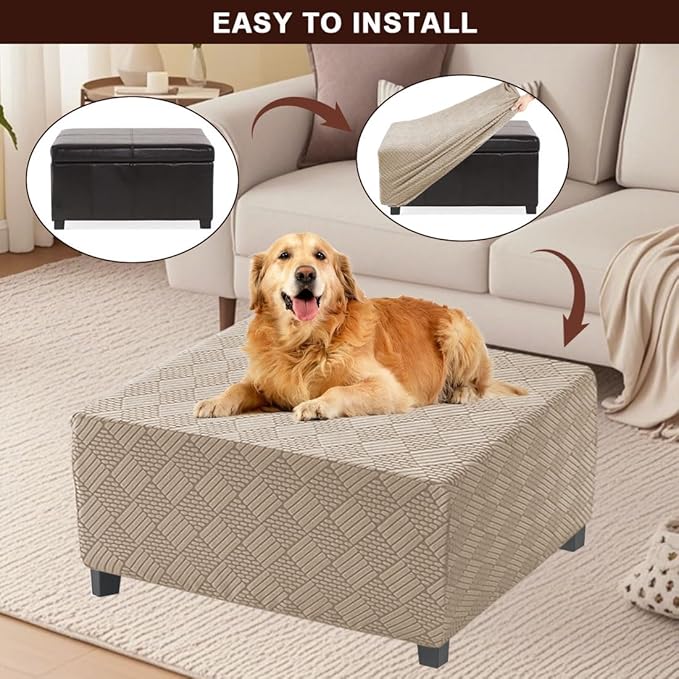 Square Ottoman Cover Large Stretch Storage Ottoman Bench Covers Slipcovers Cube Jacquard Covers for Square Ottomans Coffee Table Footrest Stool Cover with Elastic Bottom M Khaki