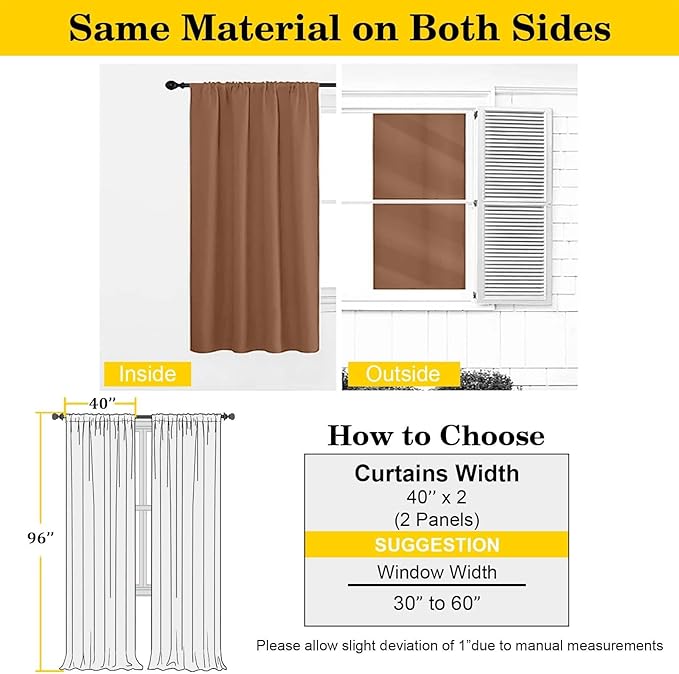 Sun Baked Blackout Curtains for Bedroom Living Room 96 Inches Long 2 Panels, Soft Solid Room Darkening Thermal Insulated Window Treatments, Modern Rod Pocket Curtain, Each 40" Wx96 L