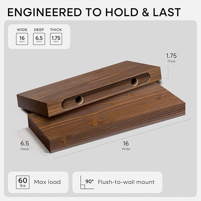 Homeforia Classic Walnut 16 inch Floating Shelf, High End Solid Real Wood Small 16inch Floating Shelves for Wall Mounted, 16in Floating Shelves, Heavy Duty Bracket, 16 X 6.5 X 1.75 inches, Set of 2
