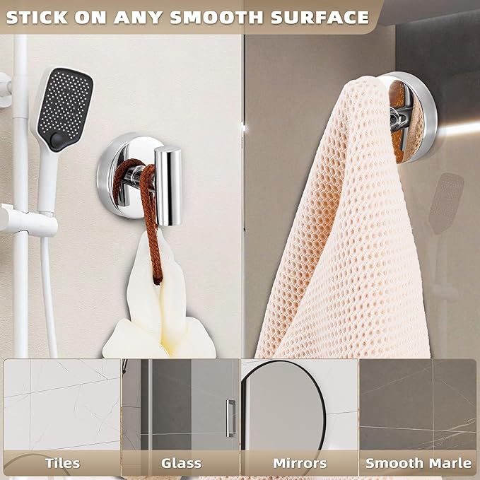 Suction Cup Hooks for Shower - Bathroom Reusable Hooks for Towels, Robes & Loofah - No-Drill Mounting on Kitchen,Walls,Metal,Glass,Mirrors,Tile & Smooth Non-Porous Surfaces (2, Chrome Polished)