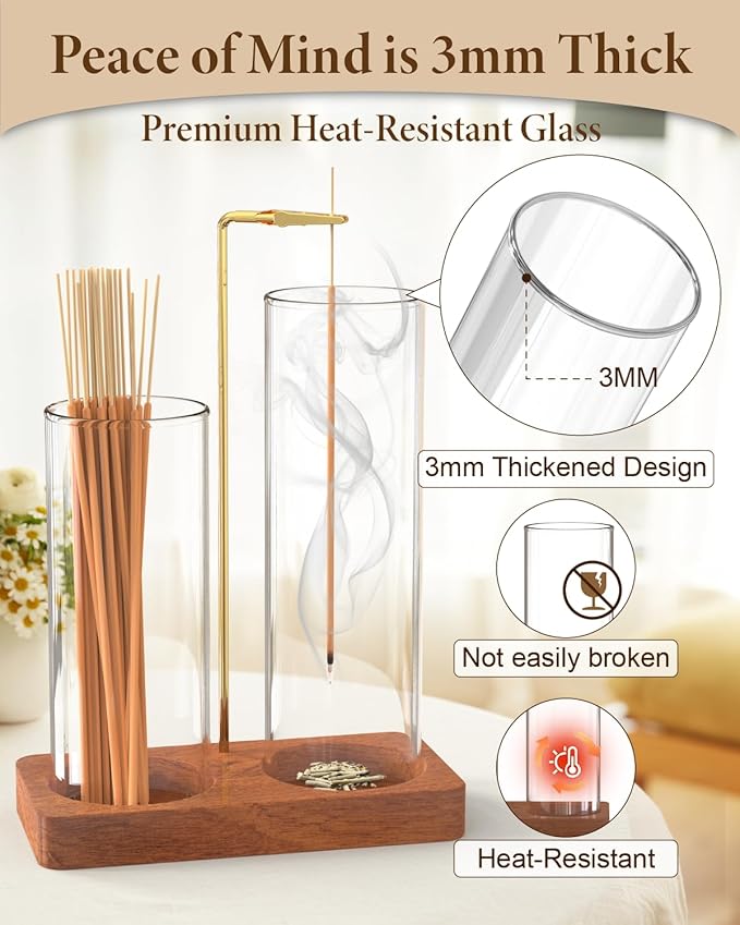 Incense Holder, Large 2 in 1 Incense Sticks Holder, Upside Down Wooden Incense Burner Holder with Glass Ash Catcher & Incense Storage for Meditation Yoga Spa Home Decor, with 20 Incense Sticks & Brush