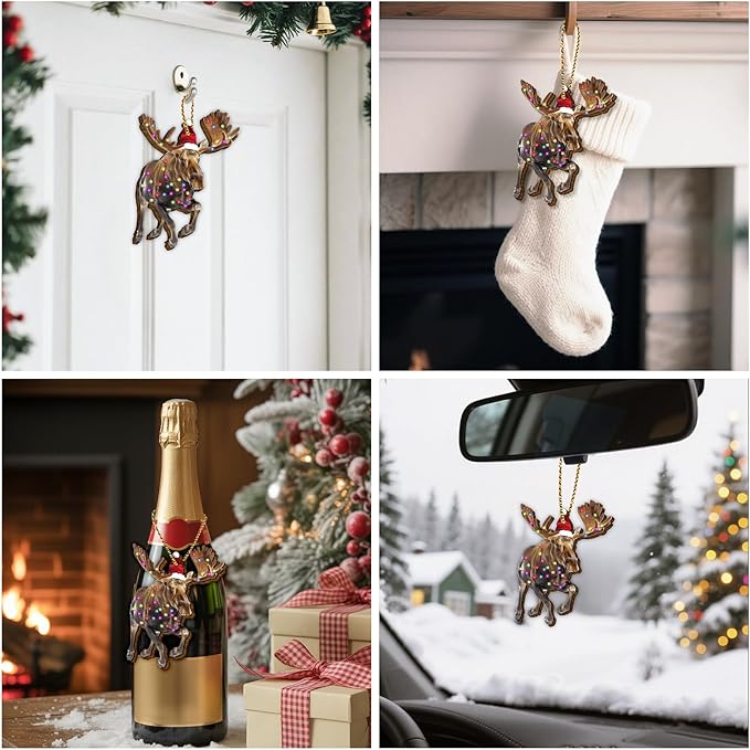 Moose Christmas Ornament - Wooden 2-Side Printed Elk Deer Hanging Ornament for Xmas Tree, Gifts for Moose Lovers