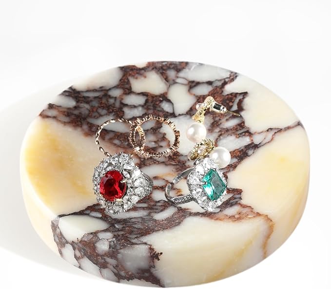 Koville Luxury Italy Calacatta Viola Marble Jewelry Dish, Small Round Trinket Dish for Ring Necklace Earring, 4" Decorative Tray, Aesthetic Home Table Marble Decor