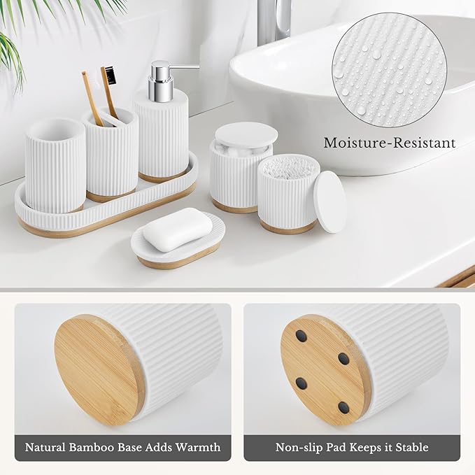 7PCS Bathroom Accessories Set, with Soap Dispenser, Q-tip Holder, Toothbrush Holder, Tumbler, Soap Dish, Vanity Tray, Complete Bathroom Accessory Set Organizer Countertop for Modern Home Decor, White