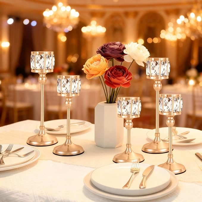 Crystal Tealight Candle Holders,Votive Candle Stands Wedding centerpieces for Tables Crystal Candlestick，Centerpiece Table Decorations (Gold,2 Sets(6 Pcs)