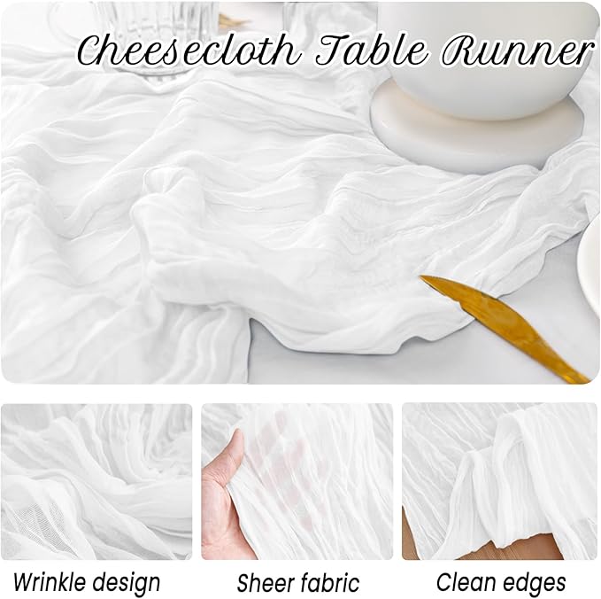 10 Pack White Cheesecloth Table Runner,10FT/120 Inch Boho Gauze Fabric Table Runner,Rustic Sheer White Cheese Cloth Runner Bulk for Wedding,Bridal Baby Shower,Christmas Party,Holiday Home Table Decor