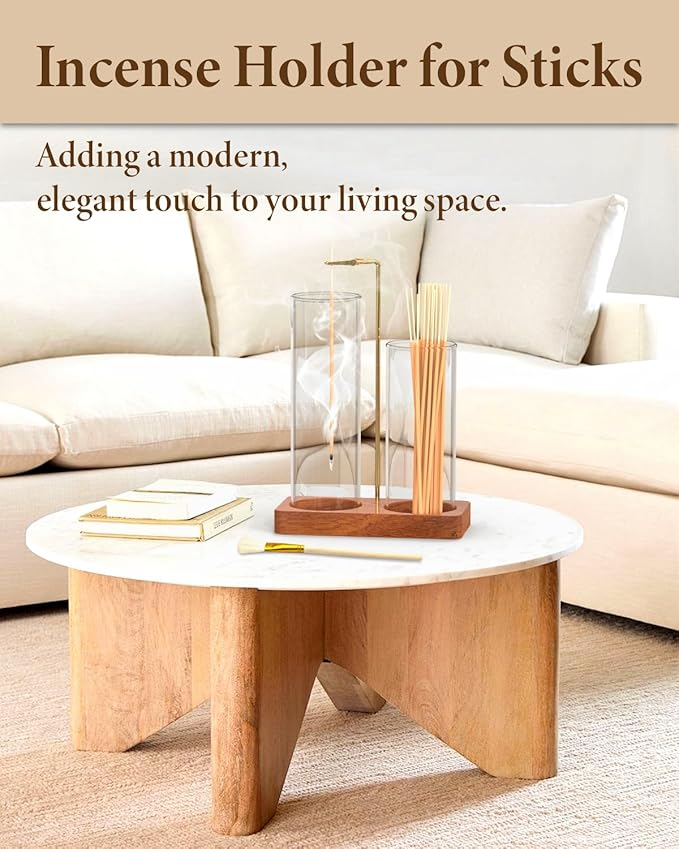 Incense Holder, Large 2 in 1 Incense Sticks Holder, Upside Down Wooden Incense Burner Holder with Glass Ash Catcher & Incense Storage for Meditation Yoga Spa Home Decor, with 20 Incense Sticks & Brush