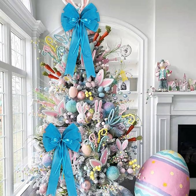 2 Pcs Large Blue Easter Wreath Bow Decor,Spring Summer Tree Topper Bow Decorations,Decorative Bow with Blue Burlap and Glitter String for Holiday Home Front Door Outdoor