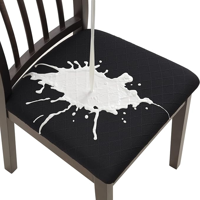 Fuloon Waterproof Seat Cushion Covers 6 PCS, Stretch Jacquard Chair Seat Covers Washable Dining Room Chair Slipcovers Removable Kitchen Cushion Protector (6, Waterproof-Black)