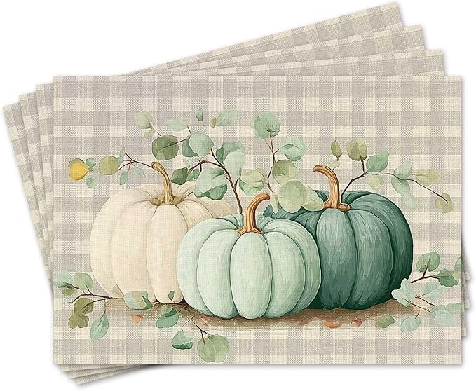 Double Side Set of 4 Buffalo Plaid Pumpkins Eucalyptus Leaves Fall Placemats Seasonal Maple Leaves Table Mats for Indoor Outdoor Home Party Dining Decor Burlap Table Mats 12x18 Inch #WP015