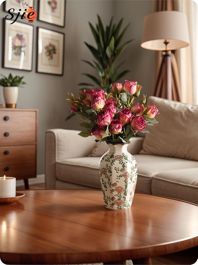 Vintage Ceramic Vase - 9 Inch Hand-Painted Roses with Ice Crackle Glaze Finish, American Farmhouse Style Pitcher Vase for Home Decor, Centerpiece, Shelf, Table, Office, Rustic Wedding Gift