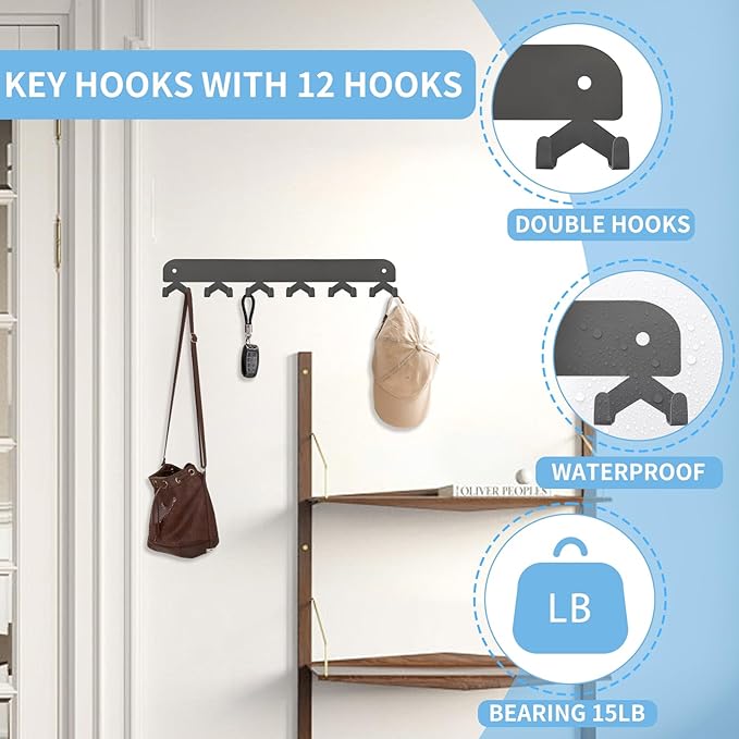 2 Pack Key Holder for Wall, Key Hooks Wall Mount with 12 Hooks, No Drilling Required, Self-Adhesive Key Rack, Key Hanger Wall Mount for Corridor, Kitchen, Living Room - Gray