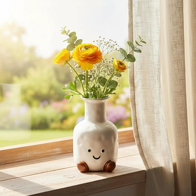 Cute Smile Face Vase – White Ceramic Cute Flower Vase for Home Decor, Modern Decor Vase for Living Room Bedroom, for Women Friends Family