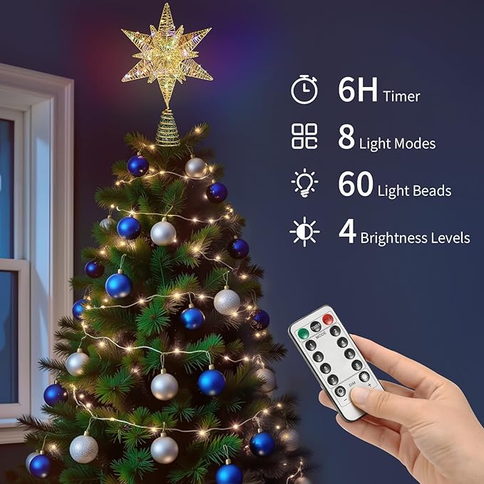 Lewondr Christmas Star Tree Topper, USB Powered Remote Controlled 11 Inch Multilayer Hexagonal Tree Topper Christmas Decor with 8 Light Modes for Home Holiday Xmas, Timer Function, Colorful, Gold