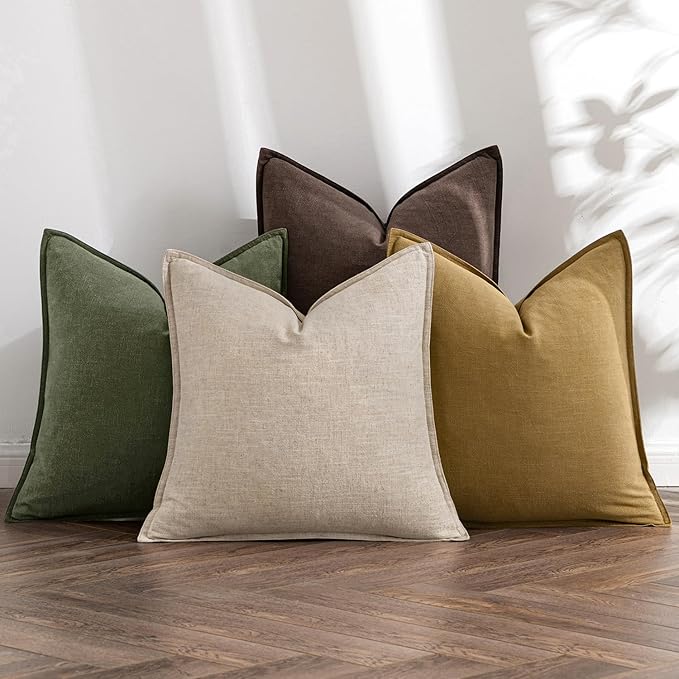 MIULEE Neutral Green/Brown Linen Pillow Covers Pack of 4 Decorative Natural Solid Throw Pillow Covers Soft Accent Boho Farmhouse Couch Pillowcases Home Decors for Living Room Bed Sofa 18x18 Inch