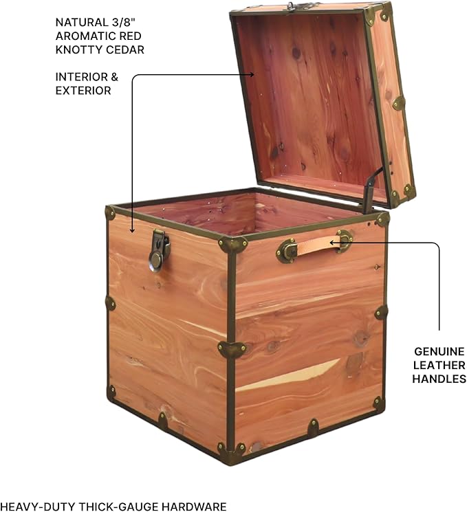 Rhino Trunk & Case Knotty Cedar Chest with Antique Brass Hardware – 20"x20"x24" End Table Storage Box, Coffee Table, End of Bed Trunk or Entryway Storage Bench Furniture – USA-Made, Heirloom Aesthetic