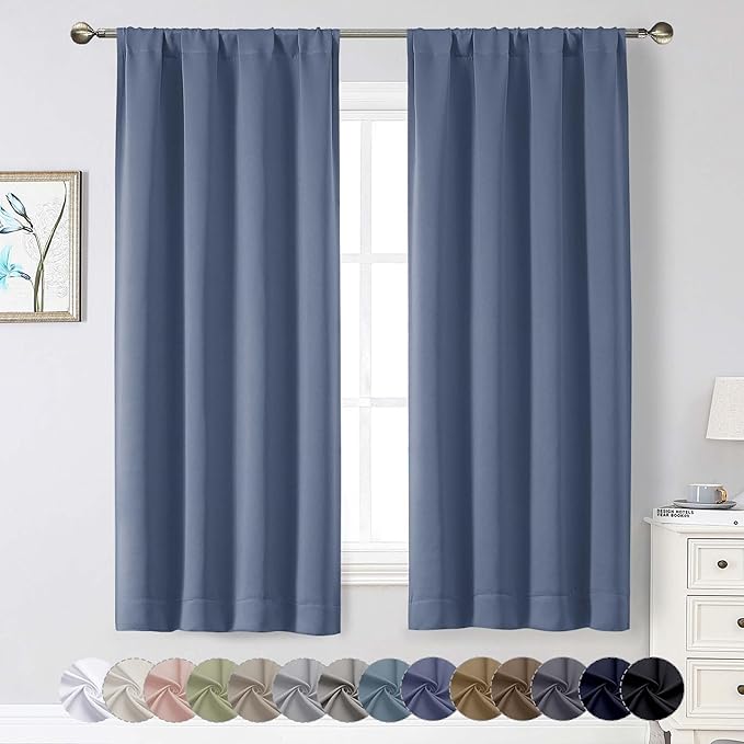Denim Blackout Curtains for Bedroom Living Room 63 Inch Length 2 Panels Set, Soft Solid Room Darkening Thermal Insulated Window Treatments, Rod Pocket Dining Room Curtains, Denim, 40"Wx63"L