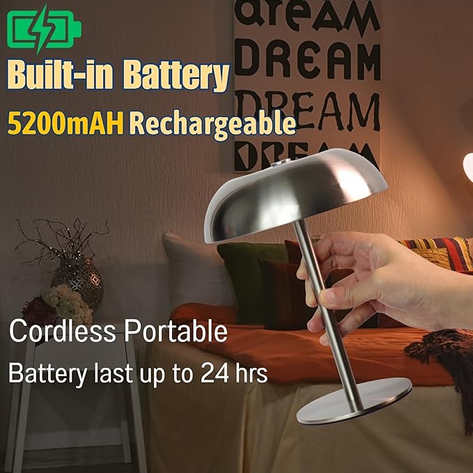 Portable Mushroom Table Lamp with 5200mAh Battery - Cordless LED Night Light with Stepless Dimming, 3 Color Modes & Adjustable Height for Bedroom, Patio, Bar Decor and Coffee Shop Ambiance（Gold-tall）