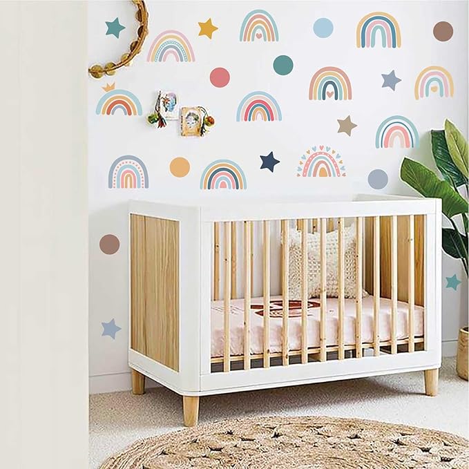 Rainbow Wall Decals for Children Room - 4 Sheets 76Pcs Boho Star & Dots Wall Stickers | Peel and Stick Nursery Decor, Playroom, Classroom | Removable Waterproof Wall Art
