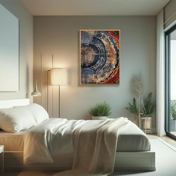 IBHJSART Framed Tree Ring Canvas Wall Art Vintage Colorful Wood Stump Painting Prints Modern Minimalist Pictures Neutral Nature Rustic Farmhouse Decor Living Room Bedroom Bathroom Office