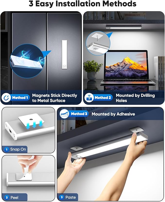 Under Cabinet Lights, LED Battery Operated Rechargeable Motion Sensor Lights Indoor, 6500K Magnetic Dimmable Closet Lights, 1500mAh Wireless Under Counter Night Lights for Kitchen, Stair, 3 Packs