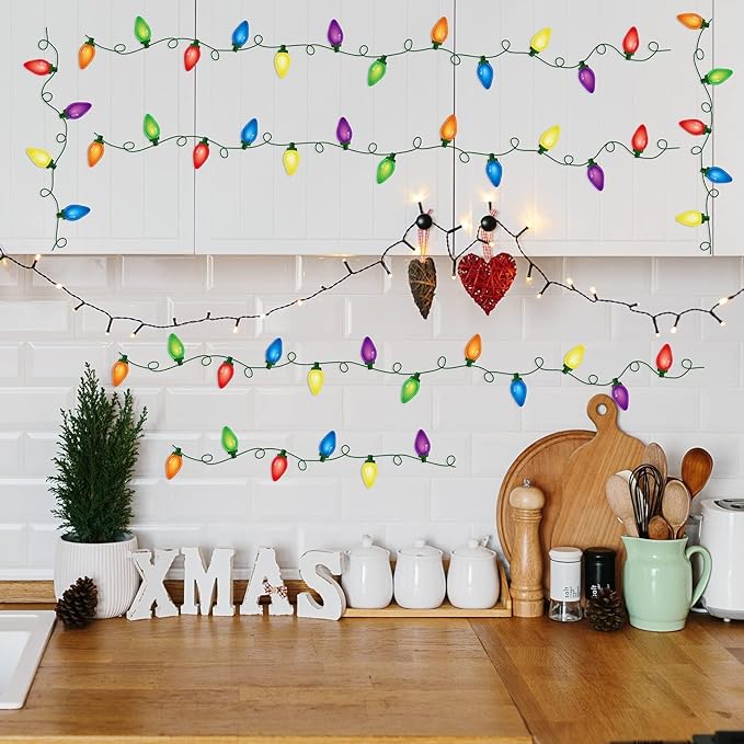 4 Sheets Christmas Wall Decals PVC Merry and Bright Stickers Christmas Bulb Lights Wall Stickers Party Supplies Window Clings Door Fridge Holiday Xmas Wall Decoration