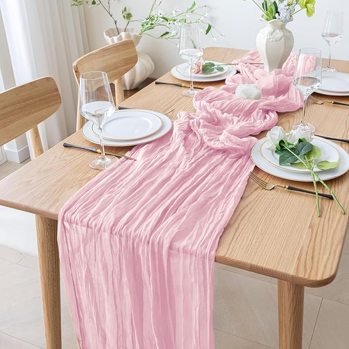 6PCS Table Runner Cheesecloth 10FT Blushing Pink Boho Gauze Cheese Cloth Rustic Sheer Table Runners for Wedding Bridal Baby Shower Party Decoration