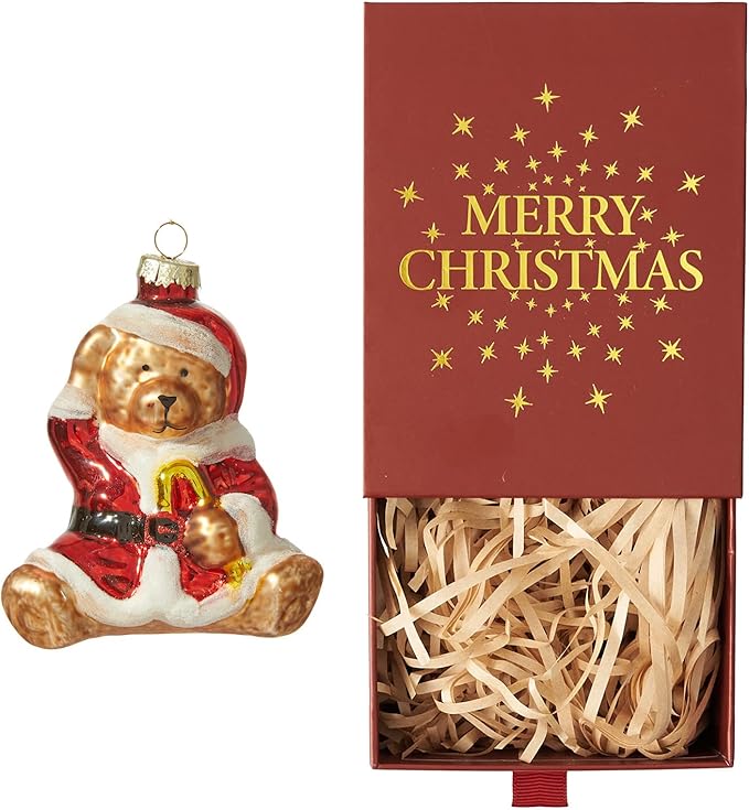 WDS WONDROUS Christmas Tree Ornaments Bear Balls, Cute Animal Glass Ornament, Gold & Red Christmas Hanging Ornament Decor for Tree, Whimsical Small Ornaments for Winter Holiday Decor (3.74”)