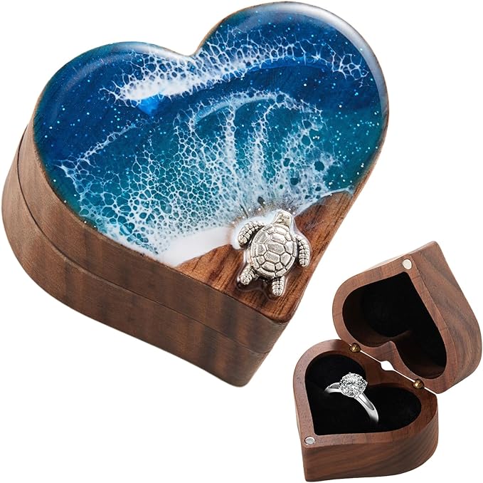 Ocean Resin Heart Engagement Ring Box, Personalized Walnut Wooden Ring Box, Birthday Gifts for Women, Ring Display box for Proposal, Wedding, Anniversary, Valentine's Day, Christmas Gifts