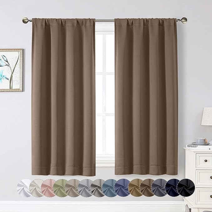 Brown Blackout Curtains for Bedroom Living Room 54 Inch Length 2 Panels, Soft Solid Insulated Room Darkening Curtains Drapes, Modern Rod Pocket Design, Brown, 2PCS Each 40" Wx54 L
