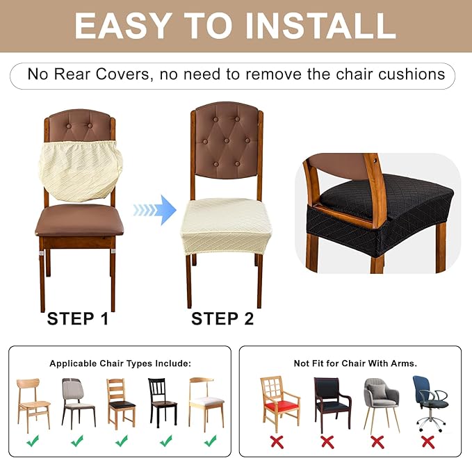 Genina Waterproof Seat Covers for Dining Room Chairs Covers Dining Chair Slipcovers Protector, No Rear Covers (Black, 4 Pcs)