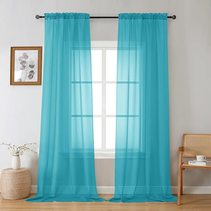 Gwine Turquoise Sheer Curtains 96 Inches Long 2 Panels, Elegant Window Treatments Voile Curtains for Living Room, Light Filtering Rod Pocket Sheer Drapes, Each 42" Wx96