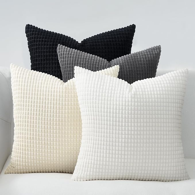 Topfinel Neutral Room Decor Throw Pillows Covers-Multi White and Black Combo 20" x 20" Set of 4-Corduroy Modern Black and White Living Room Decorative Cushion Case Euro Shams