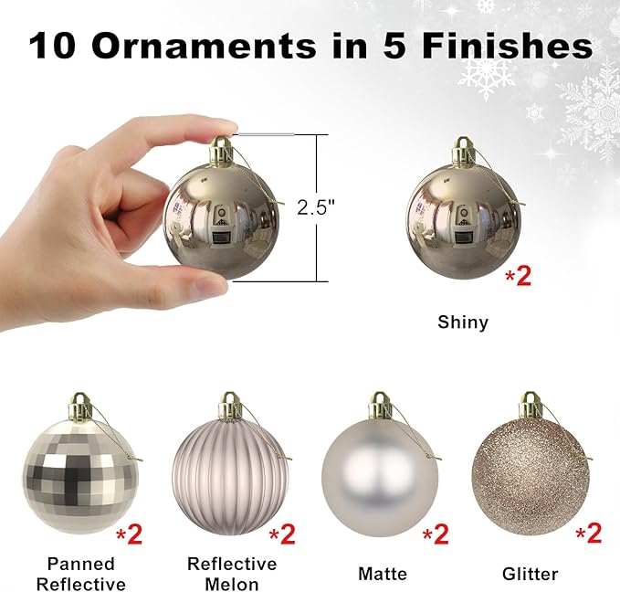 Champagne Gold 2.5" Christmas Balls Christmas Tree Decoration Ornaments Shatterproof Hanging Balls for Birthday Halloween Holiday Wedding Decorations Set of 10pcs