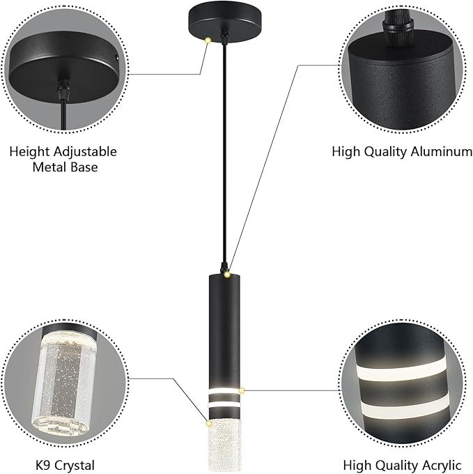 Pendant Lights Kitchen Island, Crystal Pendant Light Fixtures Mini 6W LED Modern Kitchen Pendant Lighting Over Sink and Living Room and Bedroom (Black 1-Pack)