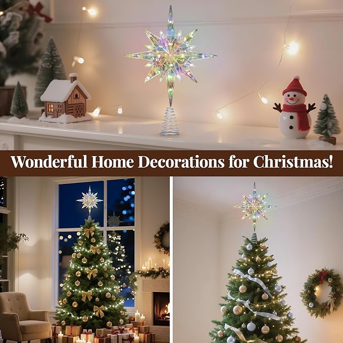 Lewondr Christmas Star Tree Topper, 15.35'' Christmas Tree Topper with 20 LED Bulbs, Remote and USB Operated Bethlehem Polaris Treetop for Home Decor, 6 Hrs Timer and 8 Modes Xmas Decor, Warm Light