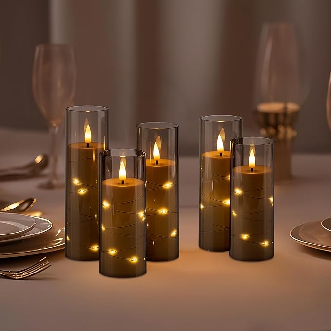 18 Pack Flameless Battery Operated LED Candles with Remote and Timer, Flickering Candles with Embedded Star String for Romantic Ambiance and Home Decoration, Stable Acrylic Shell (Grey)